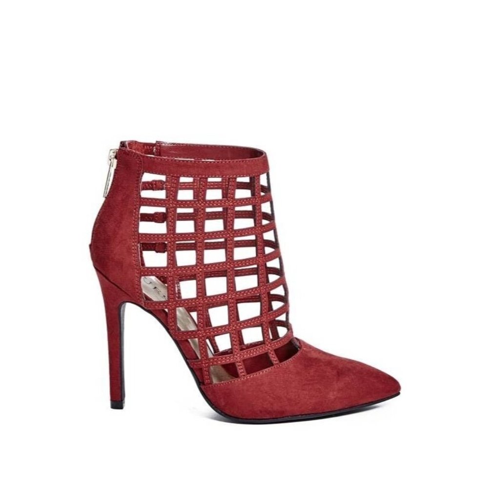 Guess Women's Daleney Caged Heels In Red Faux Suede Size 8.5